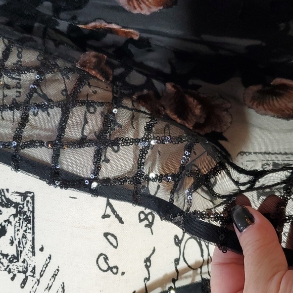 POL- Whimsigoth Black sheer open Cardigan Velvet burnout Floral sequin Sz.M/L - Picture 5 of 10